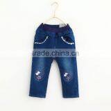 New Fall Children Wear Cartoon Bear Embroidered Lace and Cotton Denim Trousers thumbnail-1