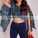 2016 Latest Fashion Design Lady Printed Cape Sleeve Tie Front Blouse thumbnail-1