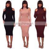 2020 New Arrivals Women Solid Color Fashion Casual Dresses Ladies Long Sleeve Turtleneck Off Shoulder Dresses Women Autumn Dress thumbnail-1