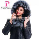 2015 Winter Leather Short Slim Fit Embroidered Women Coat With Belt Silver Fox Fur Hat thumbnail-6