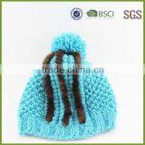 Blue Color Custom Knitted Pom Beanie Hat With Fur thumbnail-4