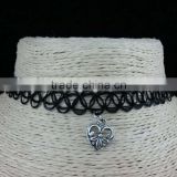 Black color nylon with silver alloy heart flower choker necklace