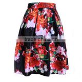 Women Fashion Retro Elastic High Waist Knee Length Flower Print Pleated Puff Midi Skirt