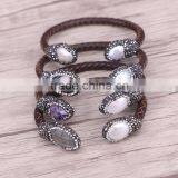 Natural Freshwater Pearl / Tiger Eye / Amethyst / Labradorite Stone Bangle Bracelet, Leather Cord DruzyJewelry Cuff Bangle thumbnail-2