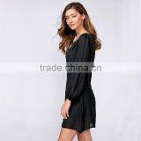 Solid Ladies Lace-up Puff Sleeve Plunging Neckline Mini Chiffon Dress thumbnail-4
