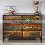 INDIAN IRON BASE RECYCLE WOOD 6 DRAWERS CHEST thumbnail-1