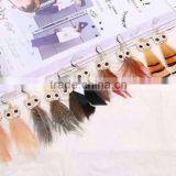 Newest design Lovely owls design colorful feather earring, yiwu wholesale feather earring
