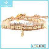 Natural Mother of Pearl Mix Bead Bracelet With Leaf Charm on Beige Leather thumbnail-1
