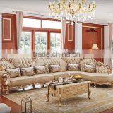 Champagne Gold Flower Carving Genuine Leather Sofa Set thumbnail-1