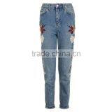 New Arrival Most Popular Spandex Washed Moto Floral Embroidered Straight Leg Jeans for Women thumbnail-3