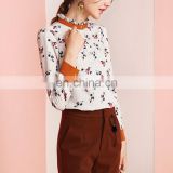 Fashion Floral Print Pullover Shirts Frill Hem Collar Cuff Contrast Color Women Blouses thumbnail-2