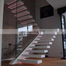 White Finish Wood Step Led Stairs With Tempered Glass Balustrade thumbnail-5