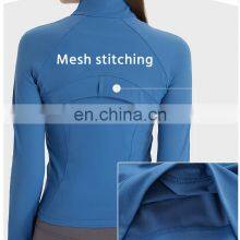 Wholesale Thumb Hole Mesh Stitching Slim Fit Yoga Jacket Women Long Sleeve Full-Zip Gym Fitness Wear Stand-up Collar Clothing thumbnail-4