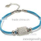 Stainless Steel Turquoise Color Real Leather Wrap Bracelet With Crystal
