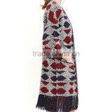 Drop Shoulder 3/4 Sleeves Geo-patterned Knitted Long Cardigan 2015 Women With Tasseled Hem thumbnail-2
