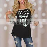 European and American Style Women's Christmas Theme Raglan 3/4 Sleeve Curved/rounded Hem t Shirt thumbnail-5