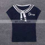 China Supplier 2016 Women Navy Blue Sailor Collar T-Shirt Lady Embroideried Blue Short Sleeve Tops thumbnail-1