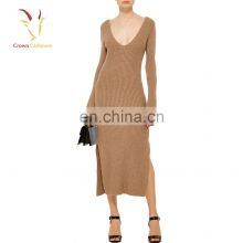 Tan V Neck Cashmere Sweater Dresses for Women thumbnail-1