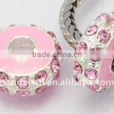 Alloy Rhinestone Beads, Enamel, Silver Metal Color, Rondelle, Pink, about 14x6.5mm, hole: 5mm(ALRI-B003-4)