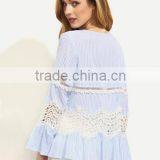Blouses Latest Fashion Design Women Clothing Blue Striped Hollow Insert Bell Sleeve Blouse thumbnail-4
