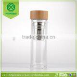 Promotion 400ml Custom Braned Double Wall Glass Drink Tea Water Bottles With Bamboo Lid thumbnail-1