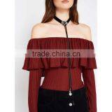 Guangzhou Clothing Long Sleeve off Shoulder Ruffle Knit Top Latest Saree Blouse Designs thumbnail-1