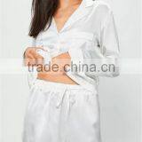 MGOO Custom Fashion White Piping Pajama Sets Custom Brand Logo Embroidered Sleepwear 100 Polyester Satin thumbnail-4