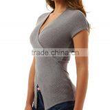 Zm50288b 2017 Latest Ladies Cloth Europe Slim v Neck Short Sleeve Women t Shirt thumbnail-2