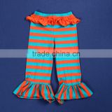 XF-054 Hot Sale Baby girls boutique Blue and Orange stripe triple Ruffle Pants