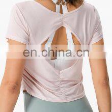Wholesale Quick Dry Anti-Bacterial Back Hollowout Short Sleeve Gym Yoga Shirt Women Workout Running Fitness Sports Crop Top thumbnail-3