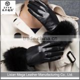 High quality cheap custom girls wearing leather gloves with black rabbit fur cuff