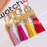 New Gold Leather Tassel Keychain For Women Crystal Rose Flower Keyring