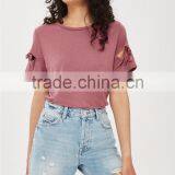 MGOO Hot Selling Casual Plain Round Neck T-shirt Women Cotton Hollow Sleeve T Shirts With Bowknot thumbnail-4