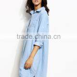 Blue Roll Tab Sleeve High Low Denim Shirt Dress With Pockets On Chest Casual Short Dress With Buttom thumbnail-4