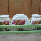 Hot Selling Ceramic Salt and Pepper Shaker With Napkin Holder Set in Green Wooden Stand