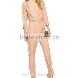 Long Sleeve V-neckline Pink Wrinkled Elastic Elegant Women Long Jumpsuit thumbnail-2