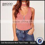 MGOO Elegant 95% Cotton 5% Spandex Bodysuits Ribbed Choker Neck Pink Tops Sleeveless Zip Up Tops thumbnail-1