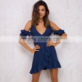 Navy Cold Shoulder Ruffled Wrap Dresses Woman's Chic Summer Wear thumbnail-2