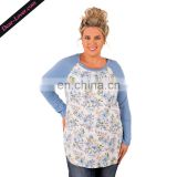 Winter Patchwork O-Neck White Floral Raglan Sleeve Plus Size Tops