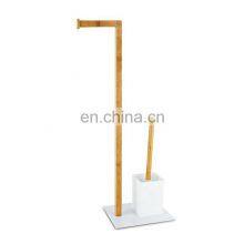 High Quality Bamboo Toilet Paper Holder With Toilet Brush Free Standing Wood And Plastic White Toilet Paper Roll Holder