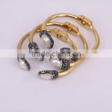 Fashion Metal Gold Plated Brass Pearl Bangle, with Freshwater Pearl and Crystal Paved Druzy Gem Jewelry Bangles