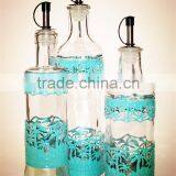 Set of 3 Glass Olive Oil Vinegar Jar Bottle Set With Green Metal Coating thumbnail-2