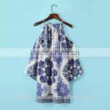 2017 New Model Summer Dress Women off Shoulder Straight Loose Blue and White Porcelain Printed Dress thumbnail-2