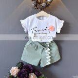 2019 New Designs Summer Children Clothes Sets Baby Girls Ruffle Sleeve Loose T-shirt With Flower Shorts 2pcs Suits thumbnail-2