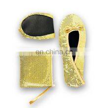 Amazon Hot Paillette PU Leather Roll Up Golden Glitter Dance Shoes With Carrier Pouch Bag
