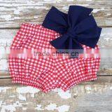 Red Gingham Cute Bloomer With Navy Bowknot Headband Set New Born Baby Clothes Set thumbnail-1