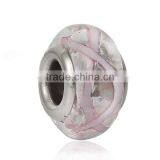 Lampwork Glass European Style Large Hole Beads Round Transparent Pink Ripple With 304 Stainless Steel Silver Tone Core thumbnail-1