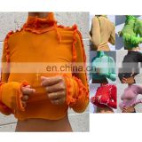 2020INS  women's new round neck long sleeve see through mesh stitching contrast color slim crop top T-shirt blouse