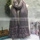 High Grade Newest Embroidery Lace Brim Plain Cotton Linen Muslim Long Scarf thumbnail-3