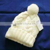 Women White Cable Beanie Hat With a Ball